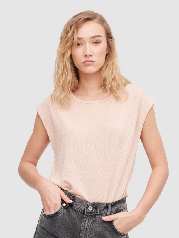 T-shirt de lurex fluido rosa nude vista meia frontal