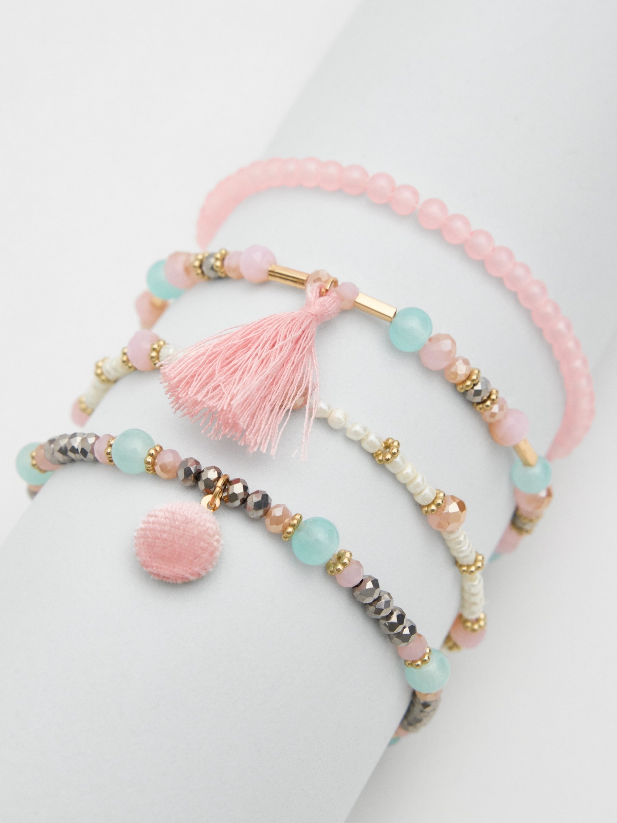 Set pulsera cuentas rosa claro