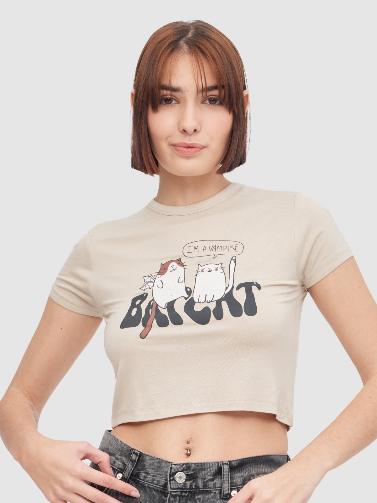 T-shirt gatos taupe vista meia frontal