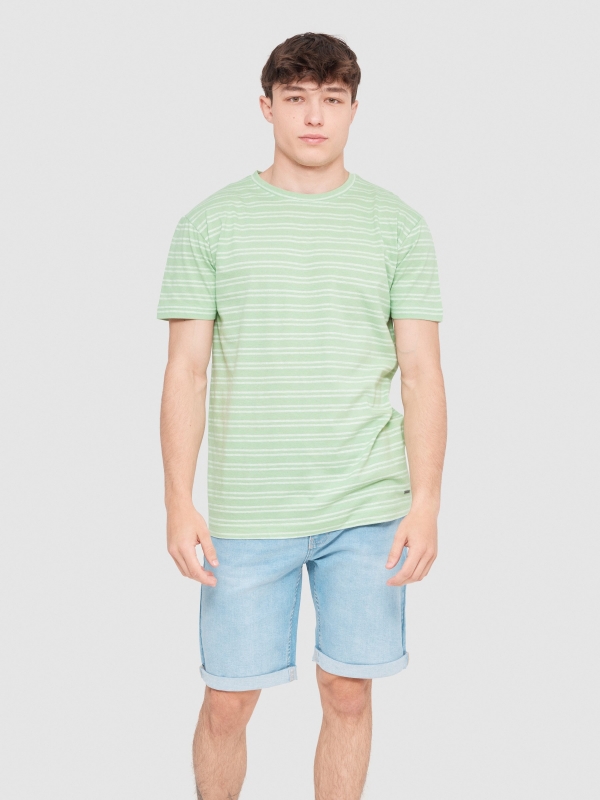T-shirt às riscas texturada menta vista meia frontal
