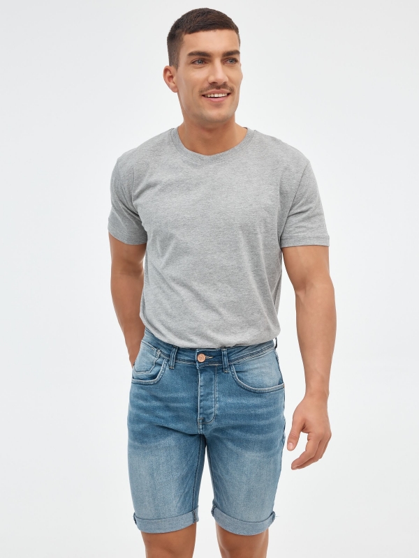 Washed effect bermuda denim short blue middle front view