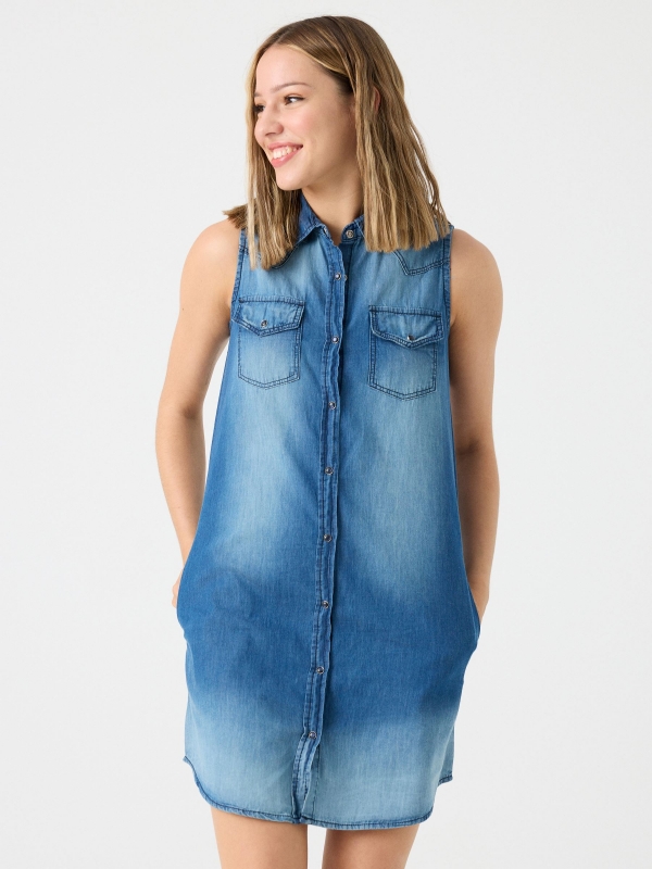 Denim shirt dress blue middle front view