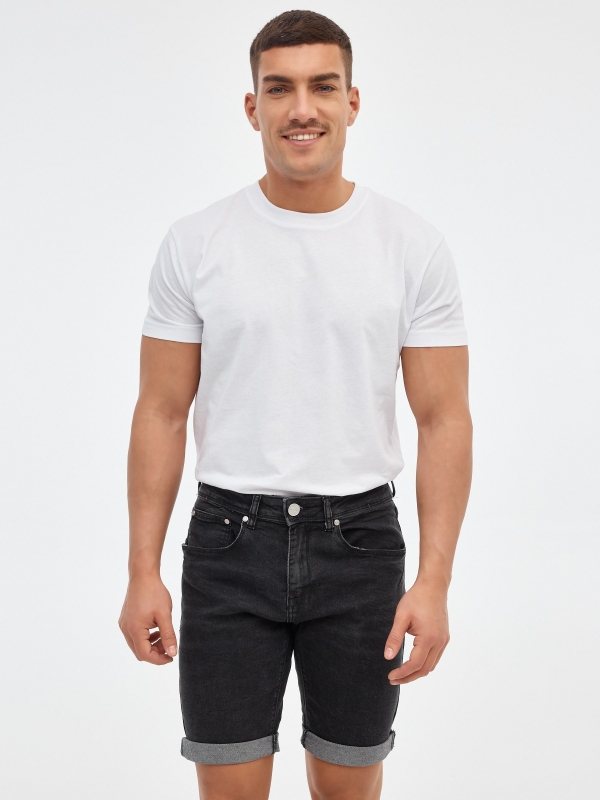 Hem turn denim bermuda black middle front view