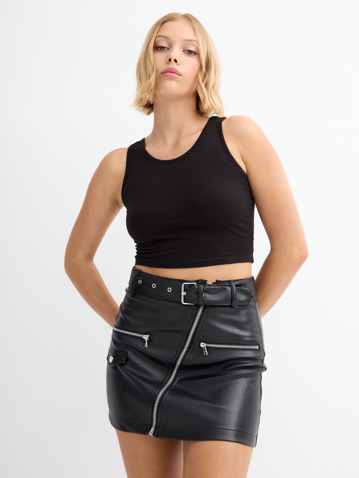 Faux leather skirt with buckle belt black middle front view