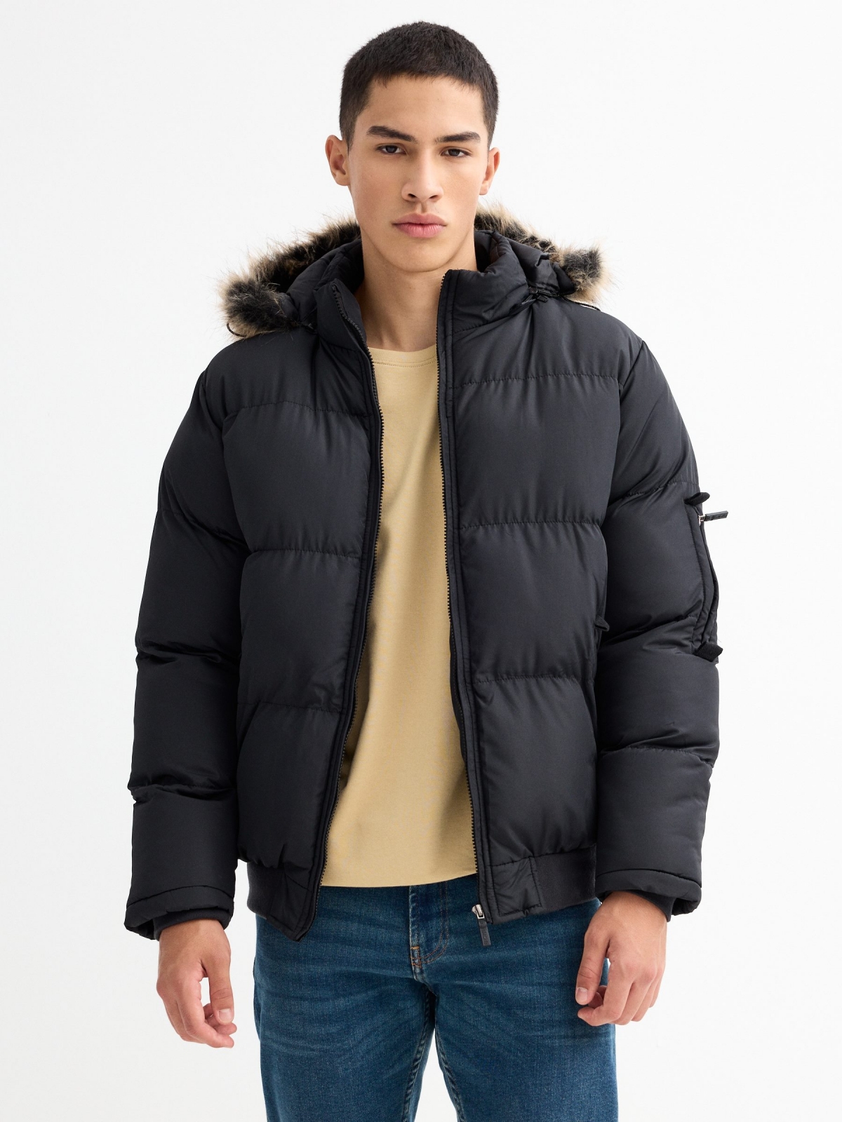 Quilted coat with fur hood black middle front view