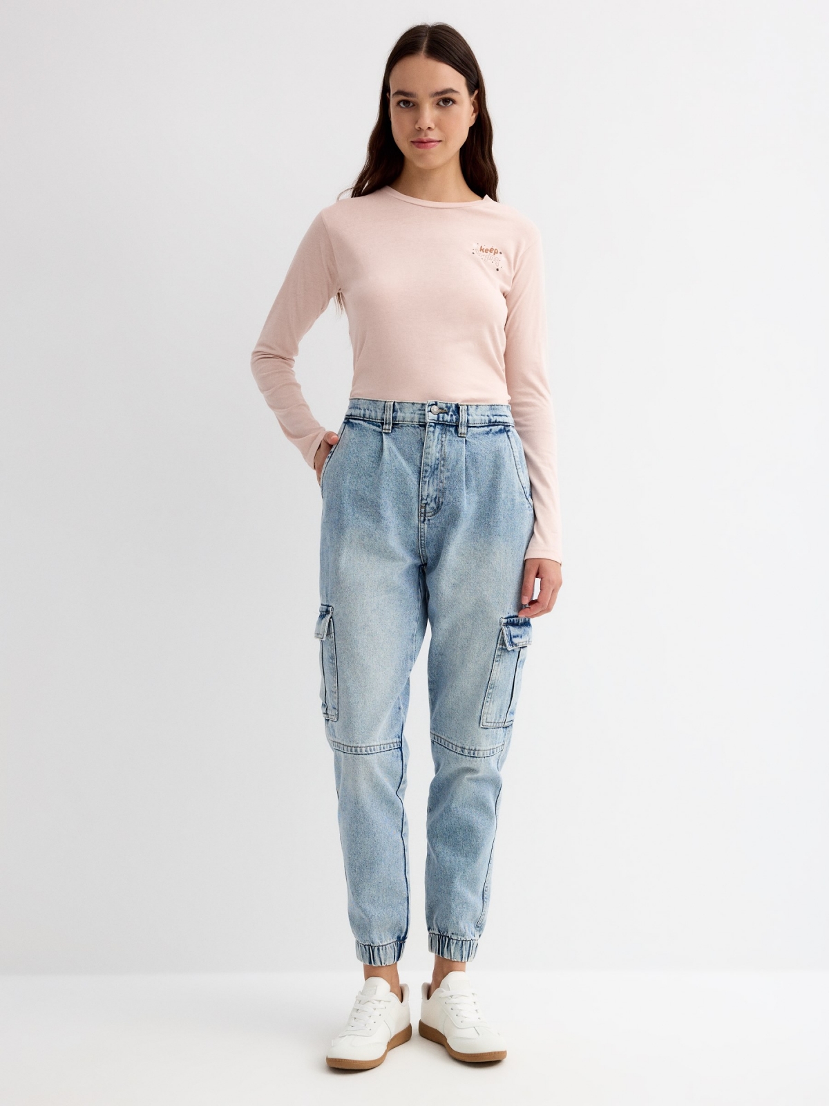 Denim cargo mom jeans blue general front view