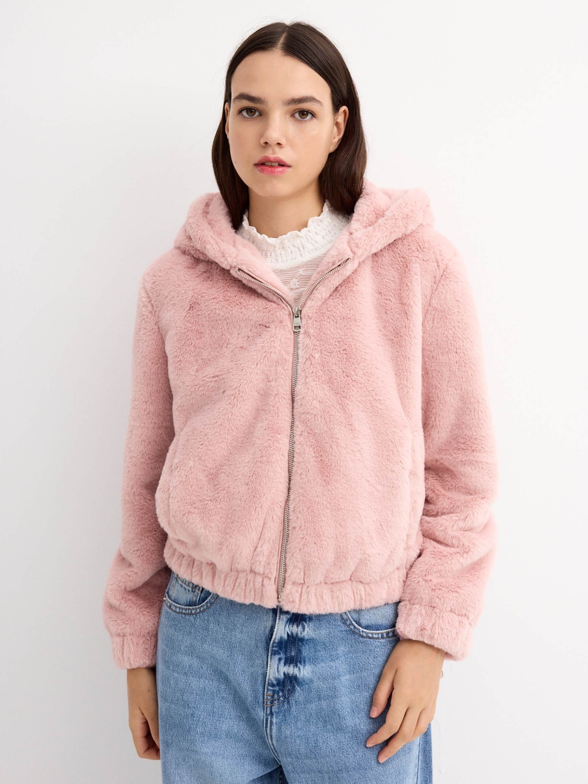 Pink fur effect jacket pink middle front view