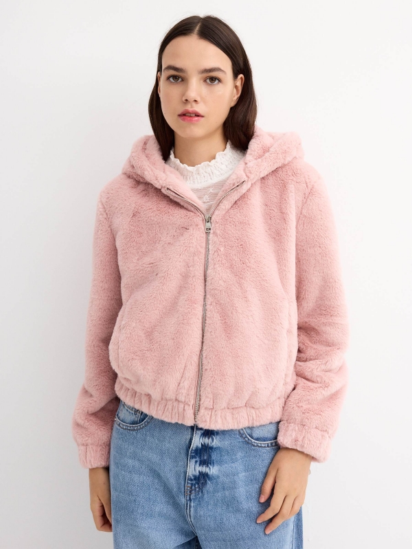 Pink fur effect jacket pink middle front view