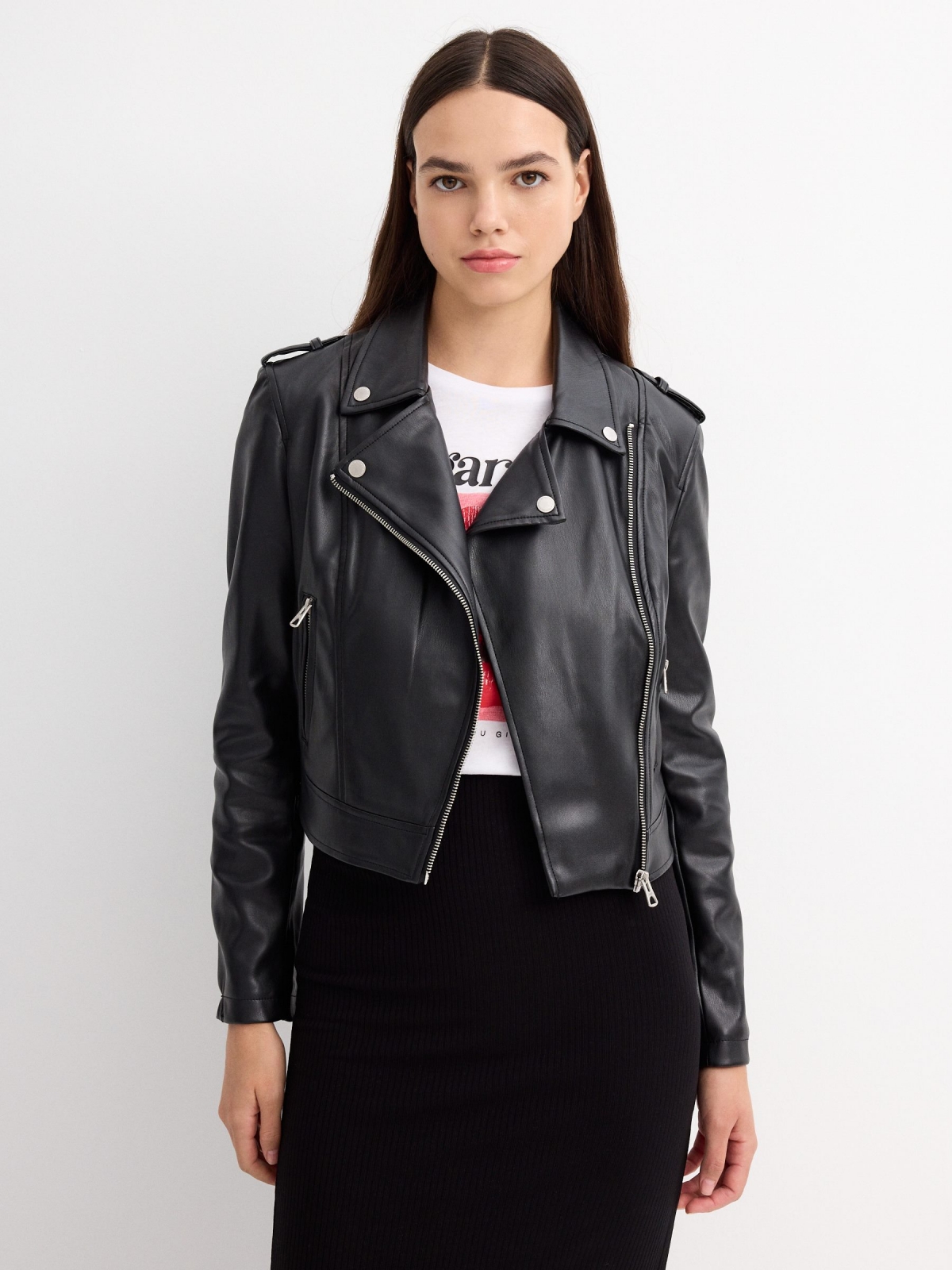 Biker jacket with lapel black middle front view