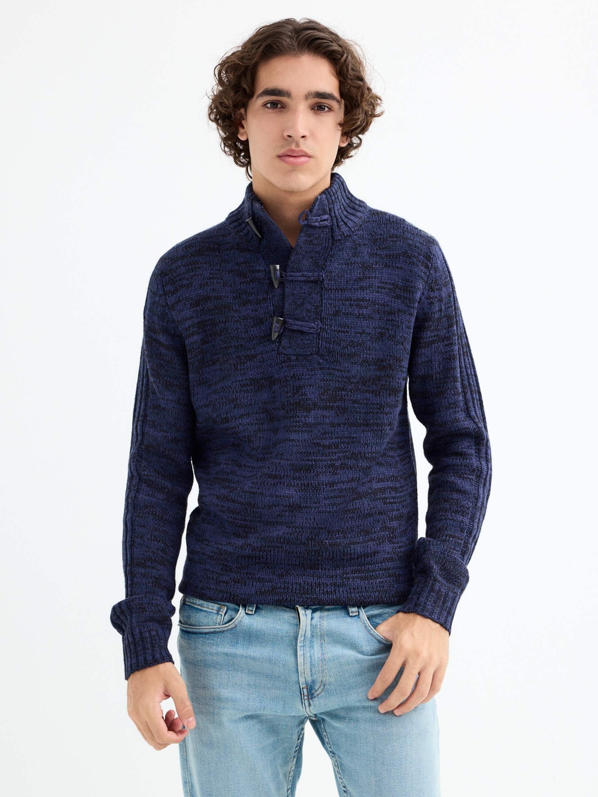 Fleece turtleneck sweater blue middle front view