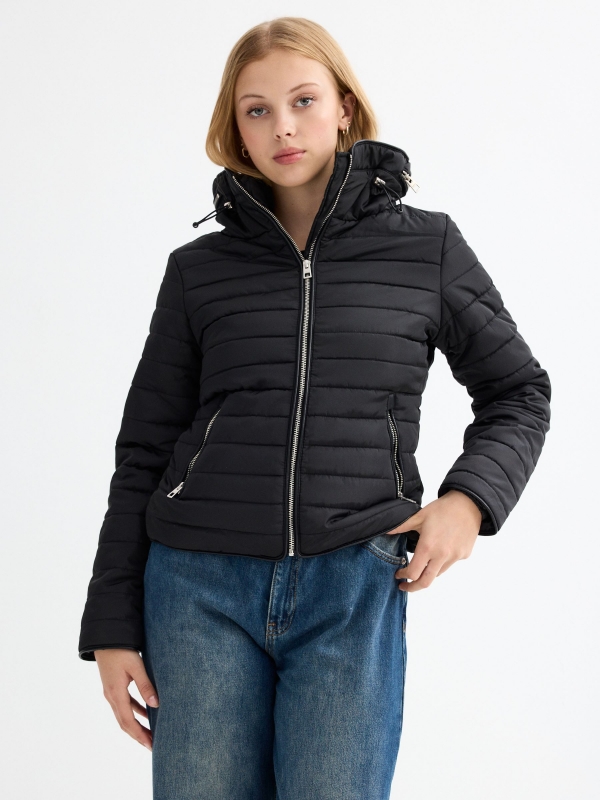 Quilted coat with hood black middle front view