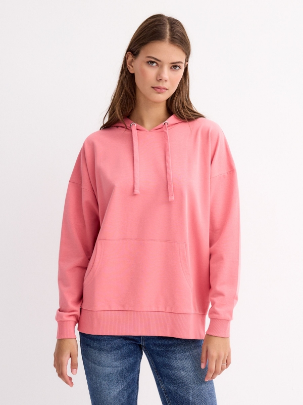 Sudadera canguro básica rosa claro vista media frontal