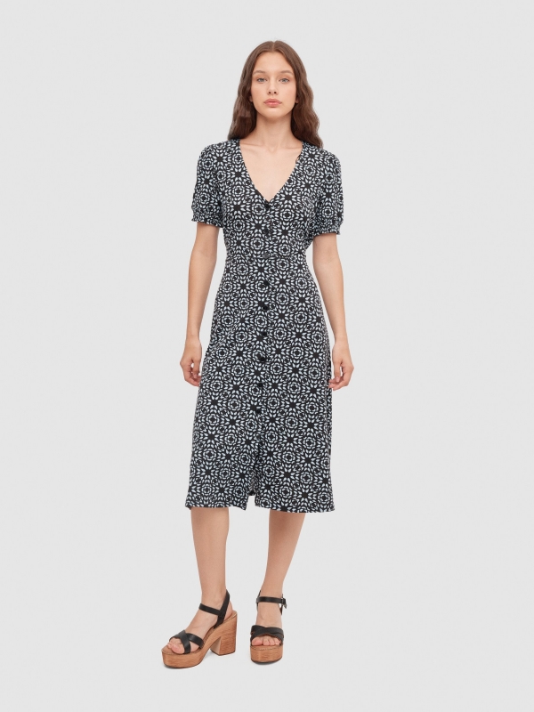 Button midi dress black middle front view