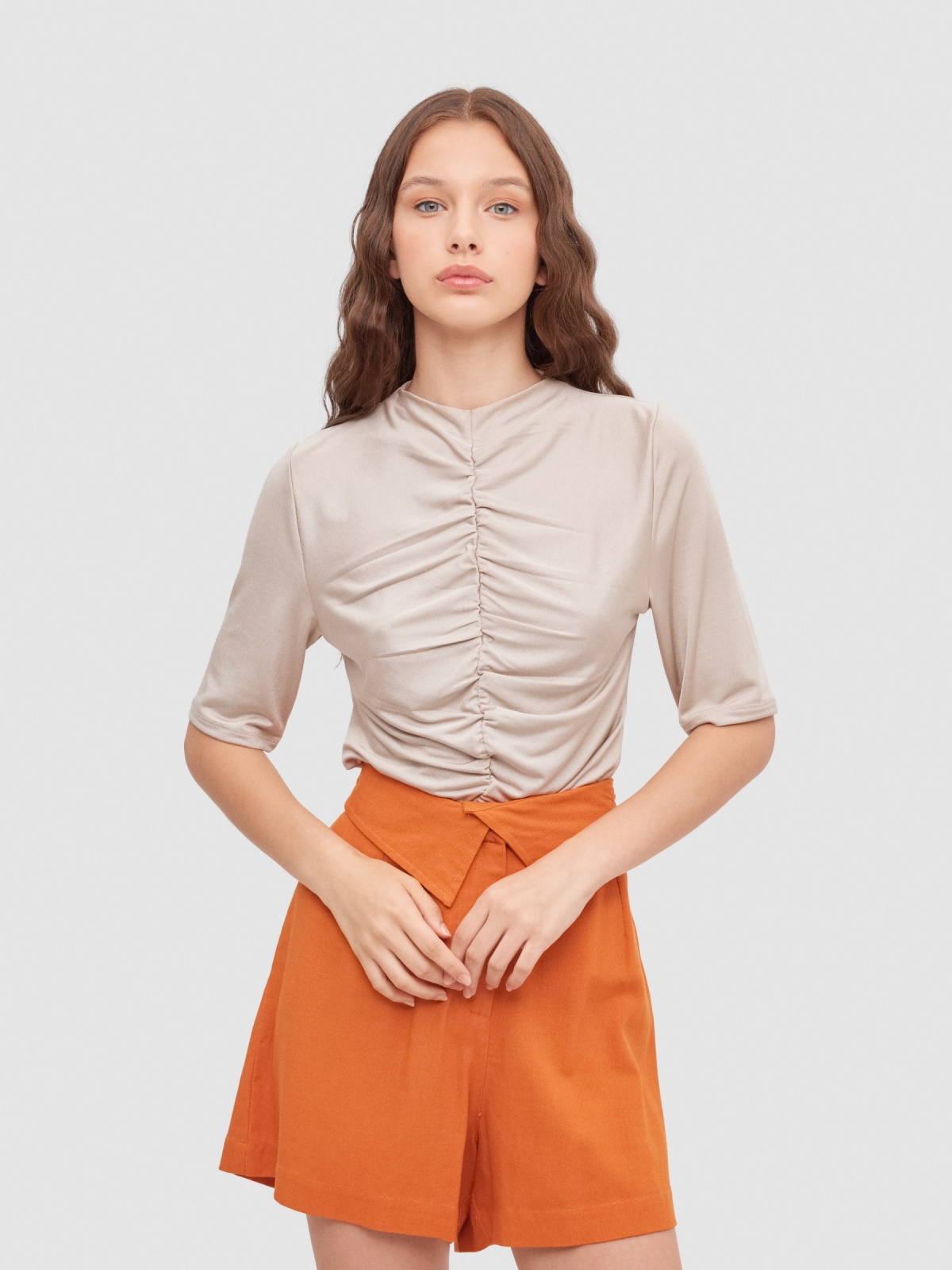 Satin ruffled T-shirt taupe middle front view