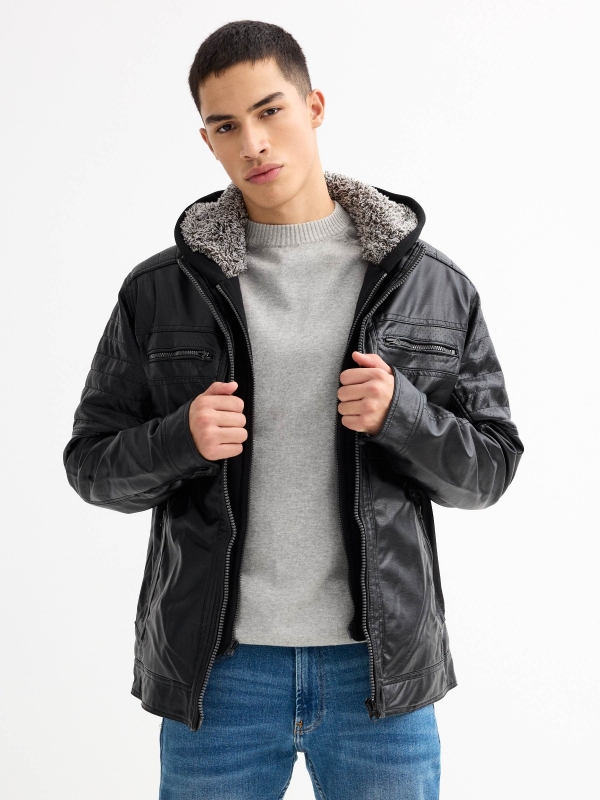 Hooded fur effect jacket with sheepskin hood