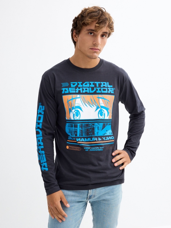 T-shirt de manga comprida com estampado gráfico cinza escuro vista meia frontal