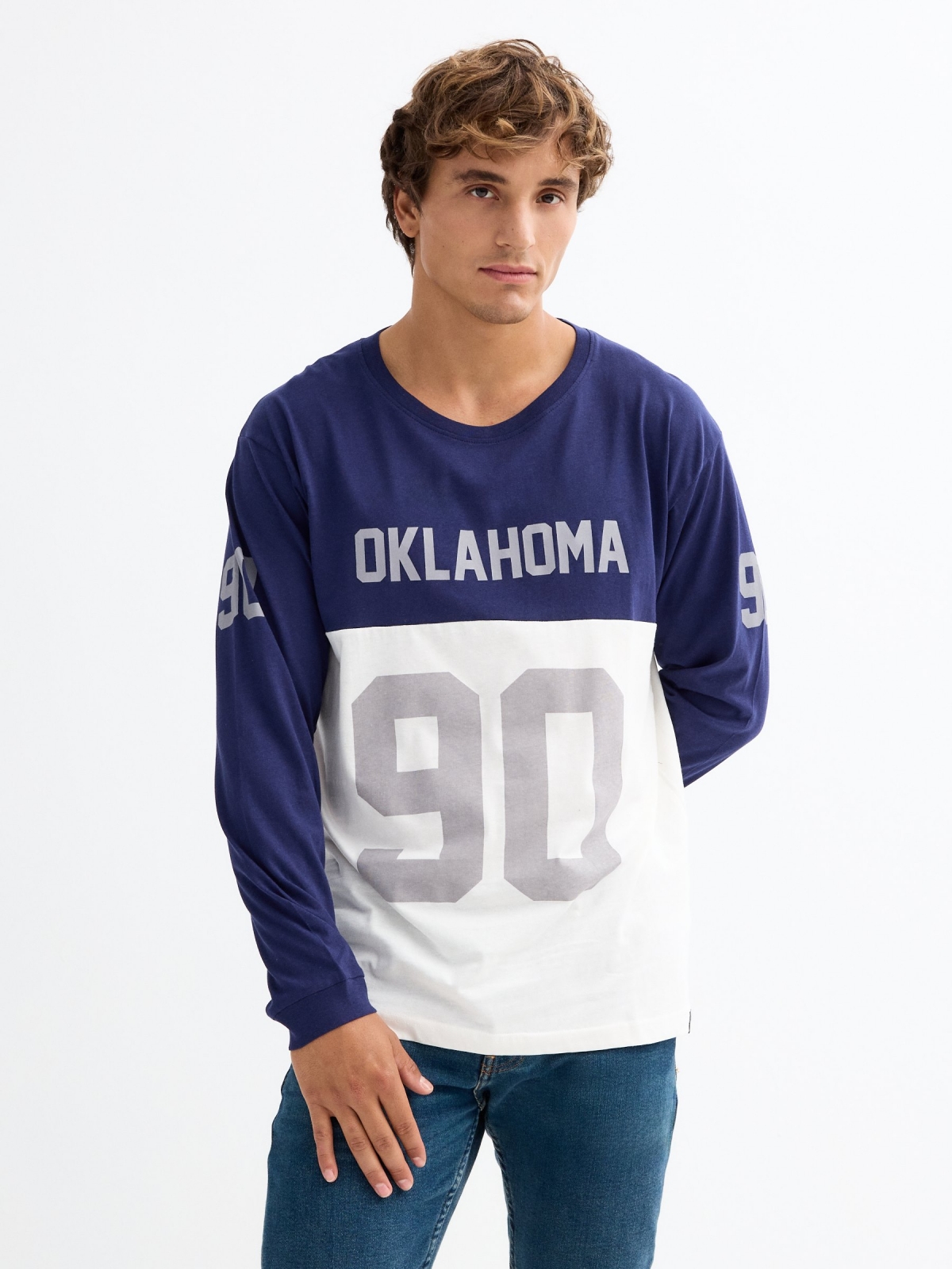 Camiseta universidade Oklahoma 90 azul marinho vista meia frontal