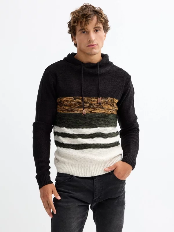 Striped mottled collar jumper black middle front view
