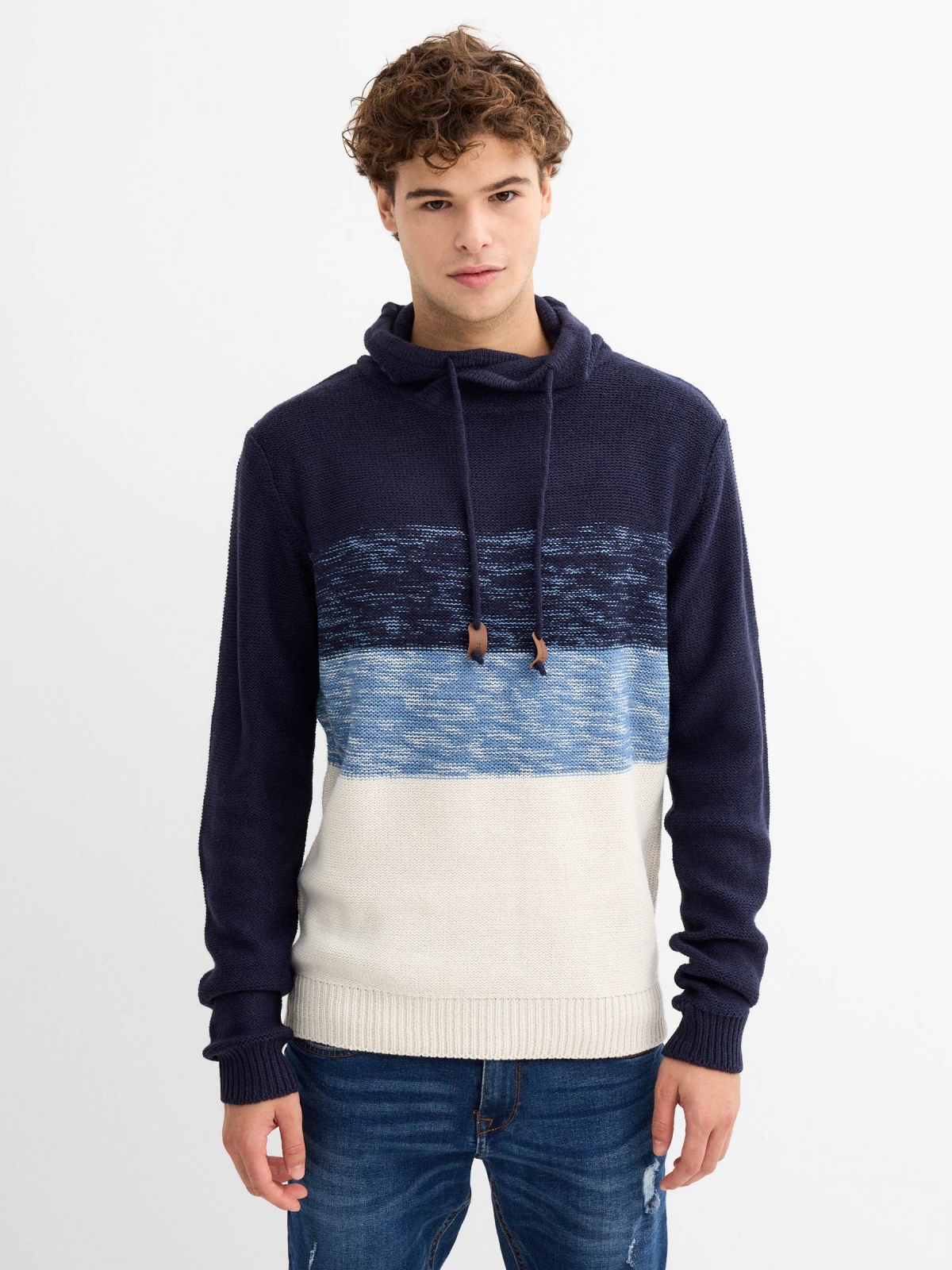 Blue mottled block turtleneck jumper navy middle front view