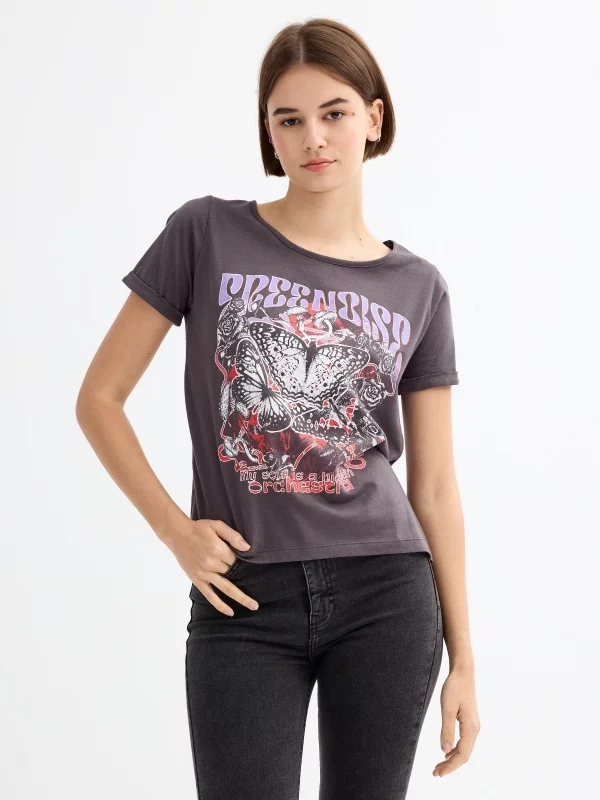 Short-sleeve printed t-shirt dark grey middle front view