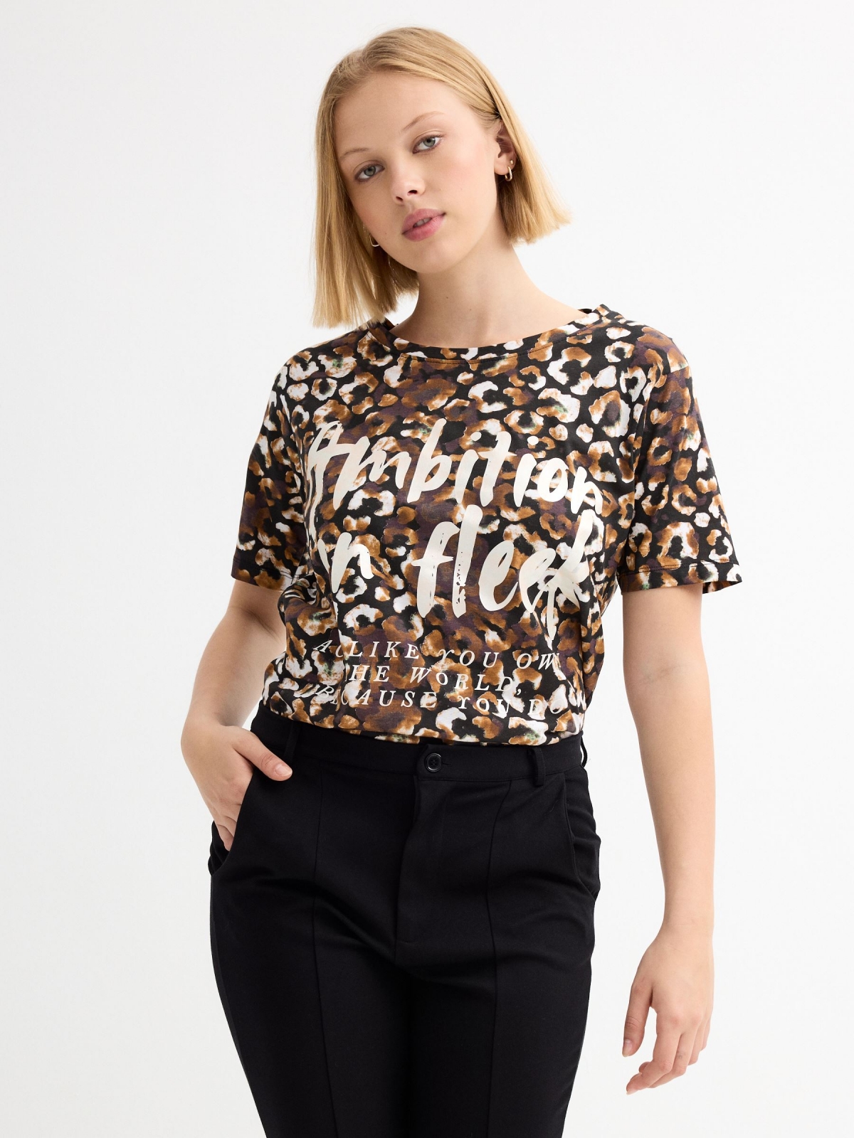 Short sleeve animal print t-shirt brown middle front view