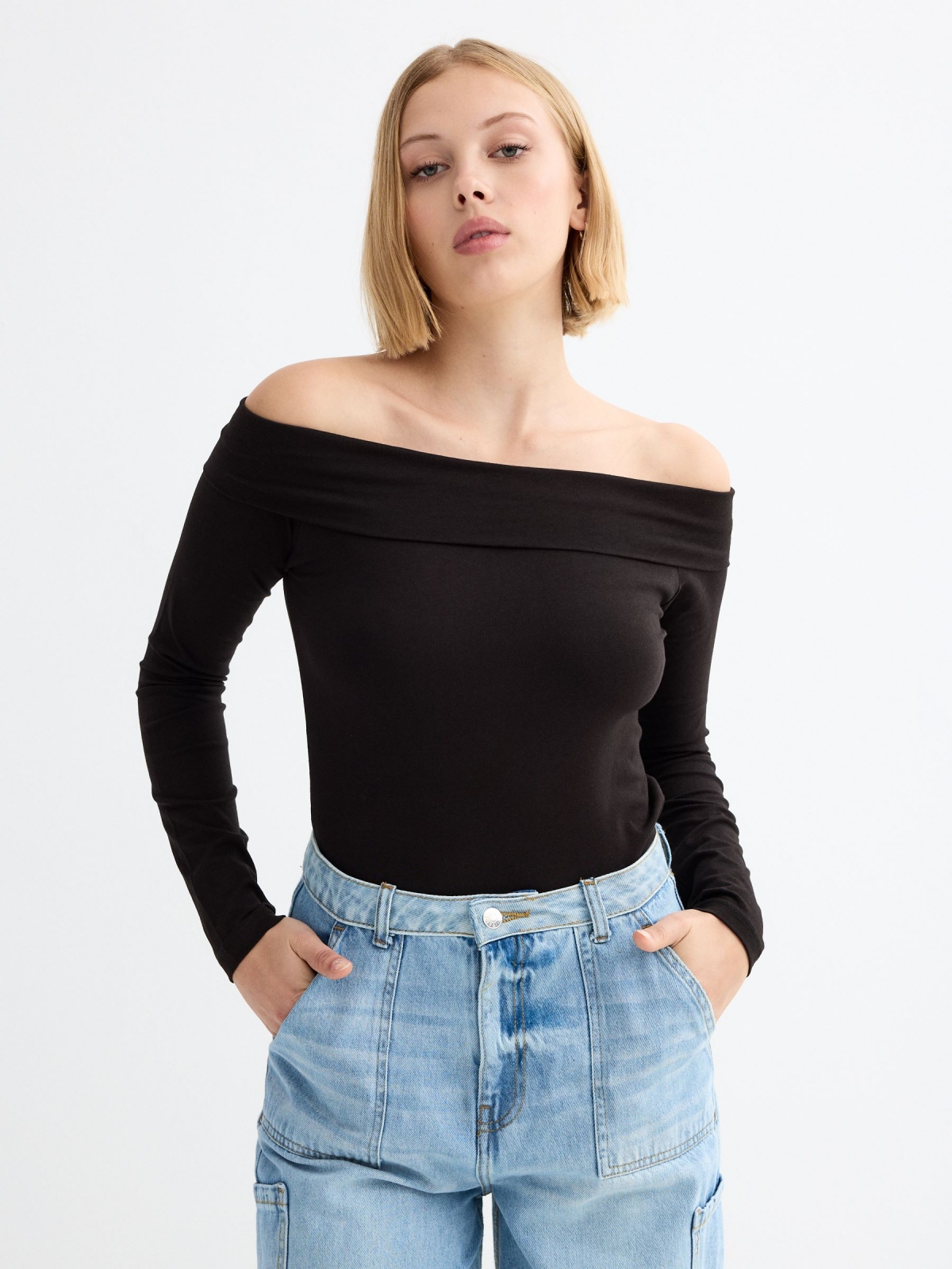 Long sleeve black t-shirt with bardot neckline black middle front view