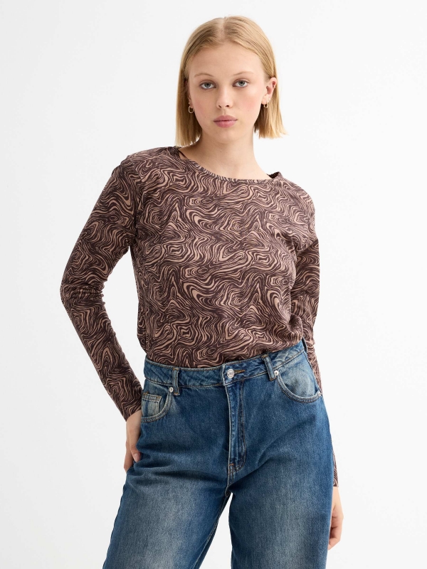 Long sleeve animal print t-shirt taupe middle front view