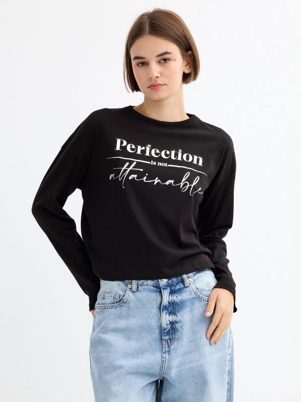 Black long sleeve t-shirt with graphic black middle front view