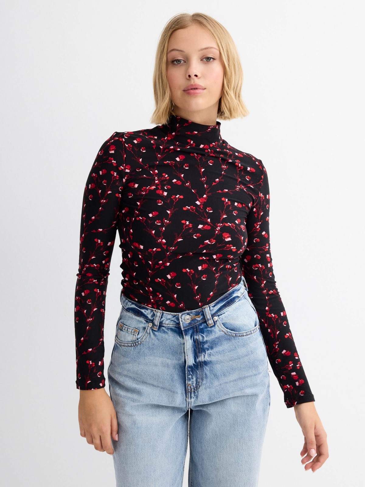 Long sleeve flower turtleneck t-shirt multicolor middle front view