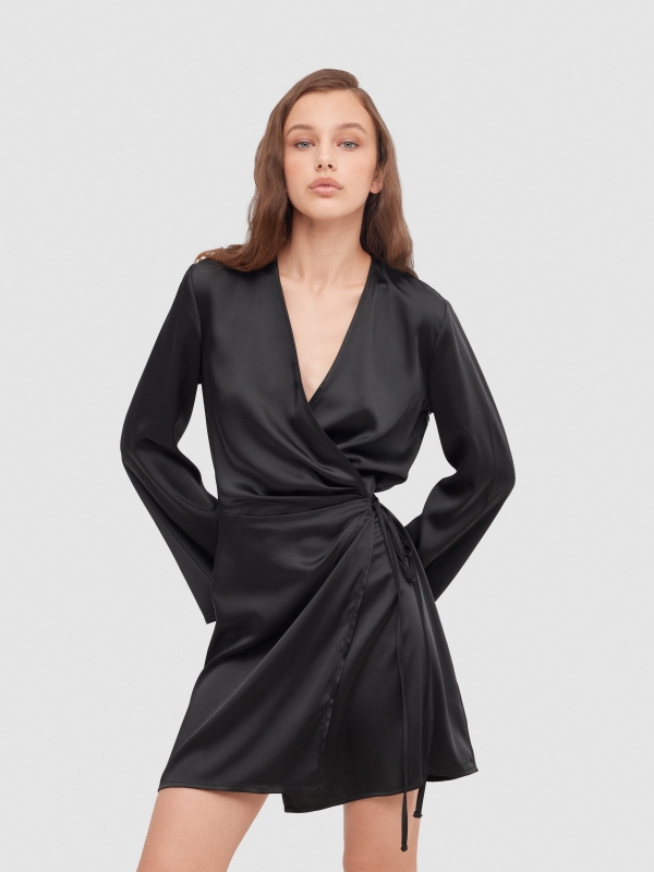 Satin mini dress black three-quarter front view