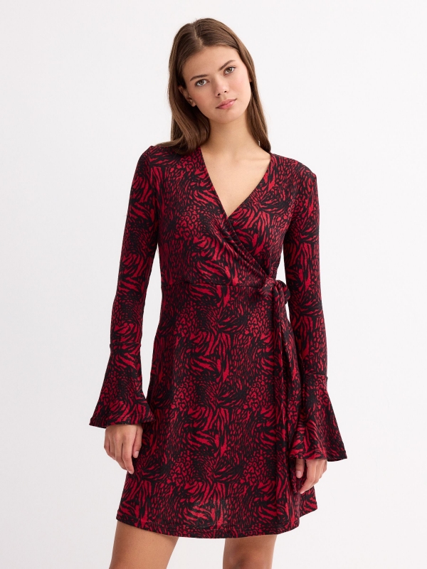 Animal print mini dress with bell sleeves red three-quarter front view