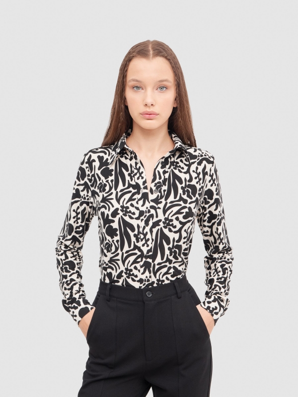 Long sleeve black and white printed slim fit shirt black middle front view