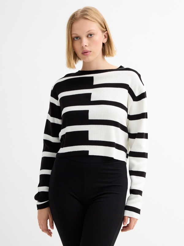 Black and white striped knitted crop sweater