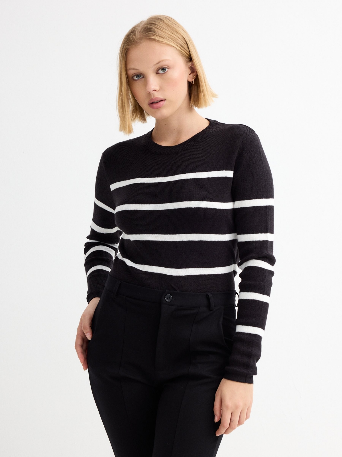 Black and white striped crop jumper black middle front view