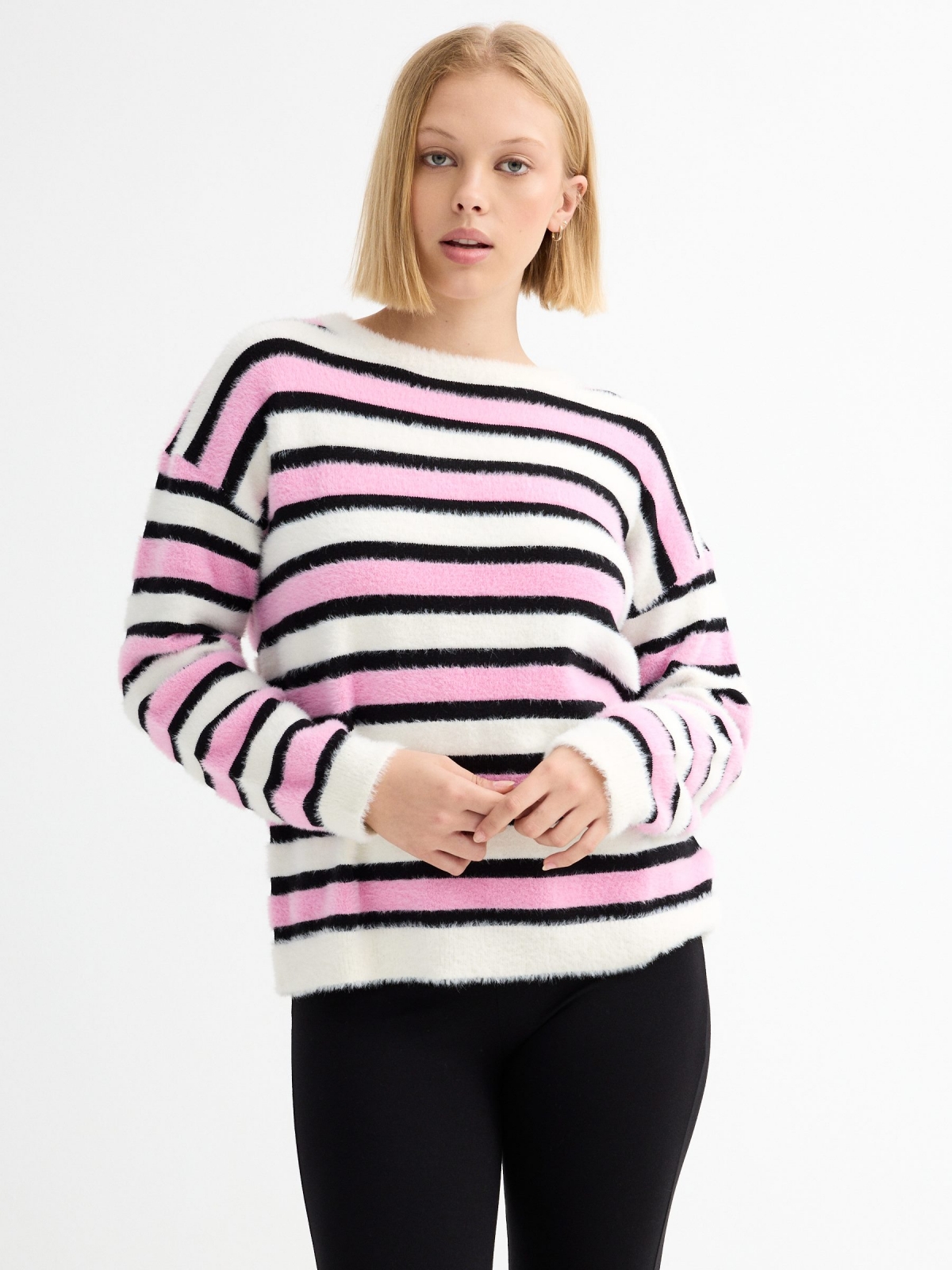 Striped printed fur effect sweater pink middle front view