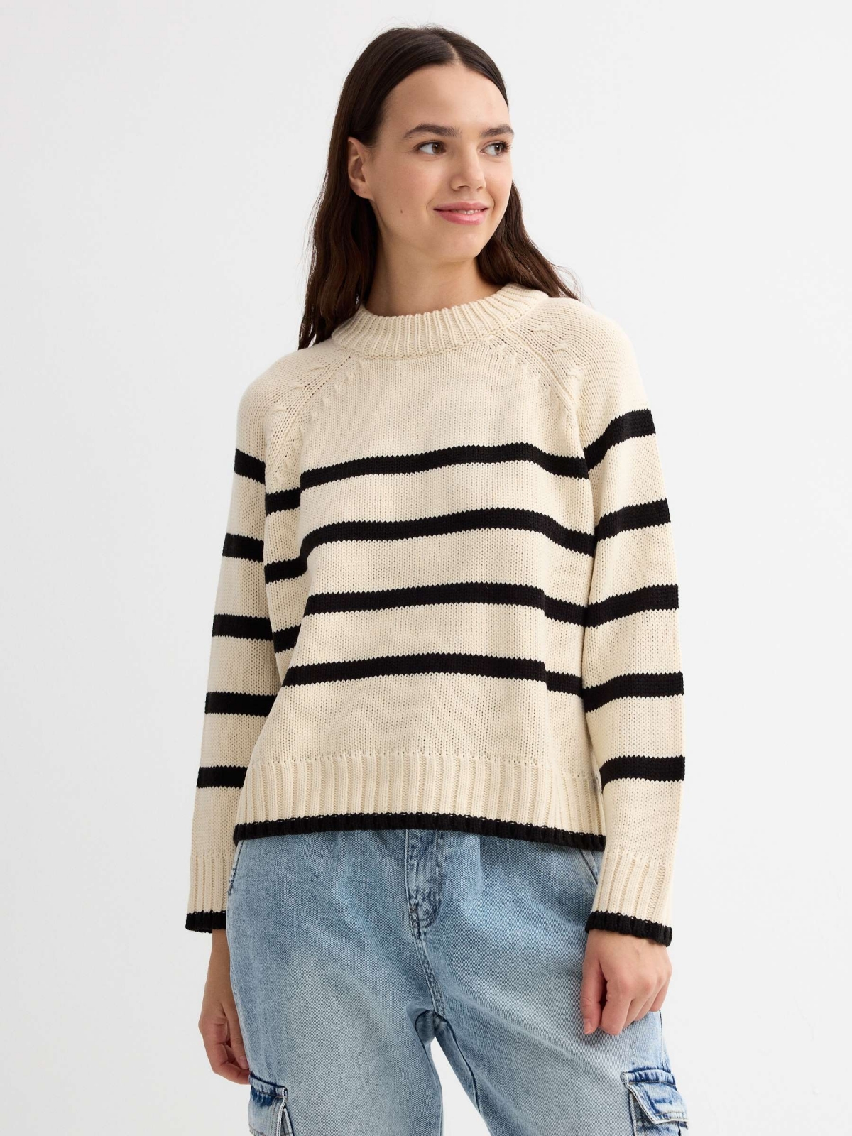 Oversize striped sweater beige middle front view