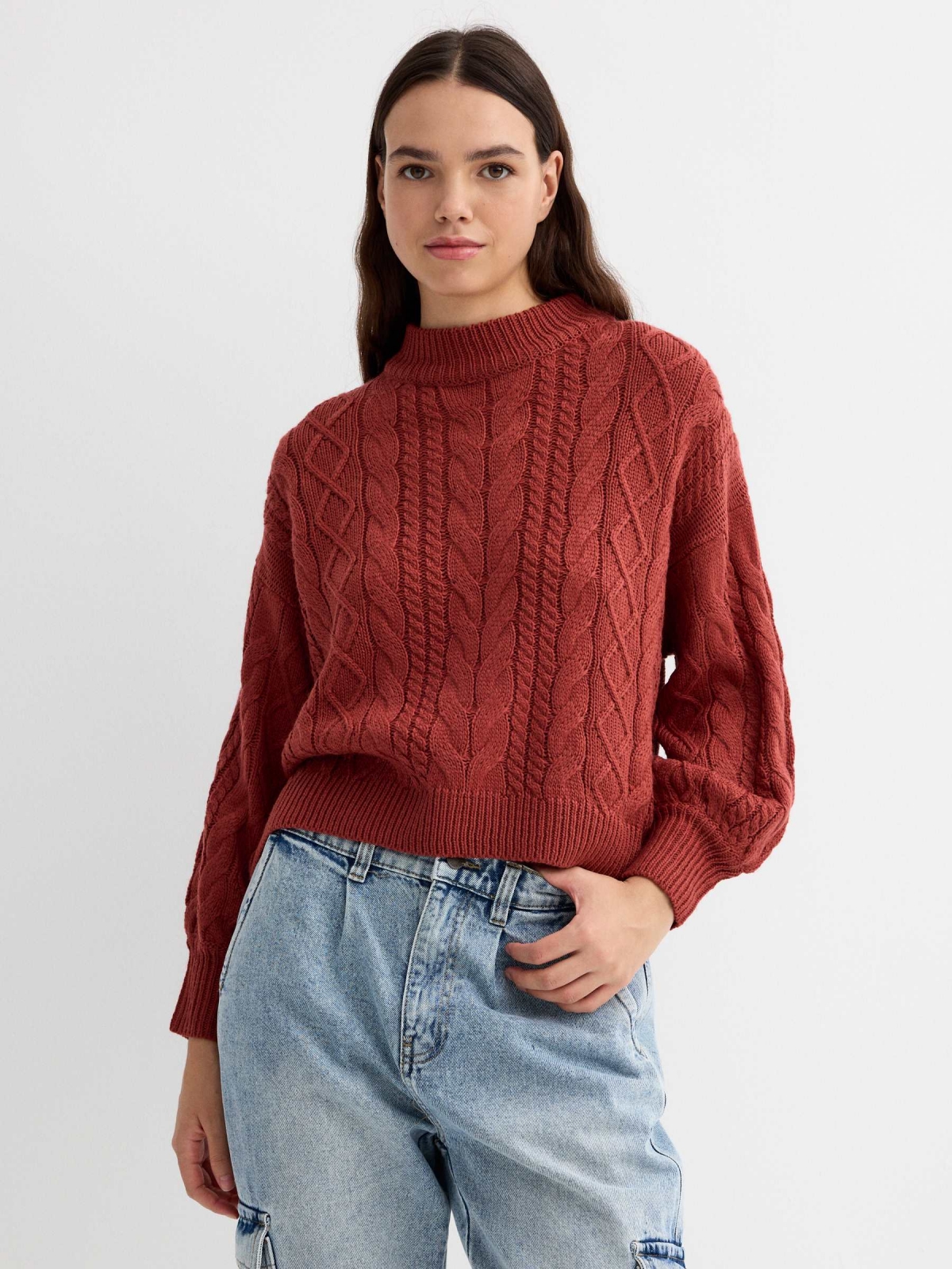 Eights tile crop sweater brick red middle front view