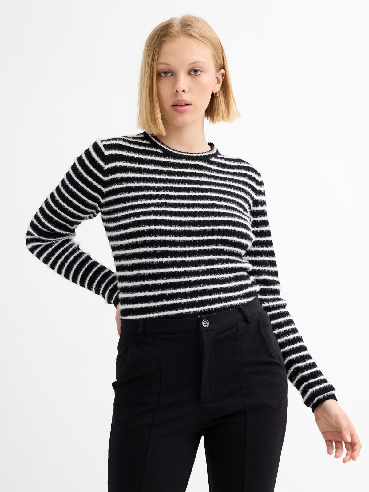 Striped printed fur effect crop sweater black middle front view