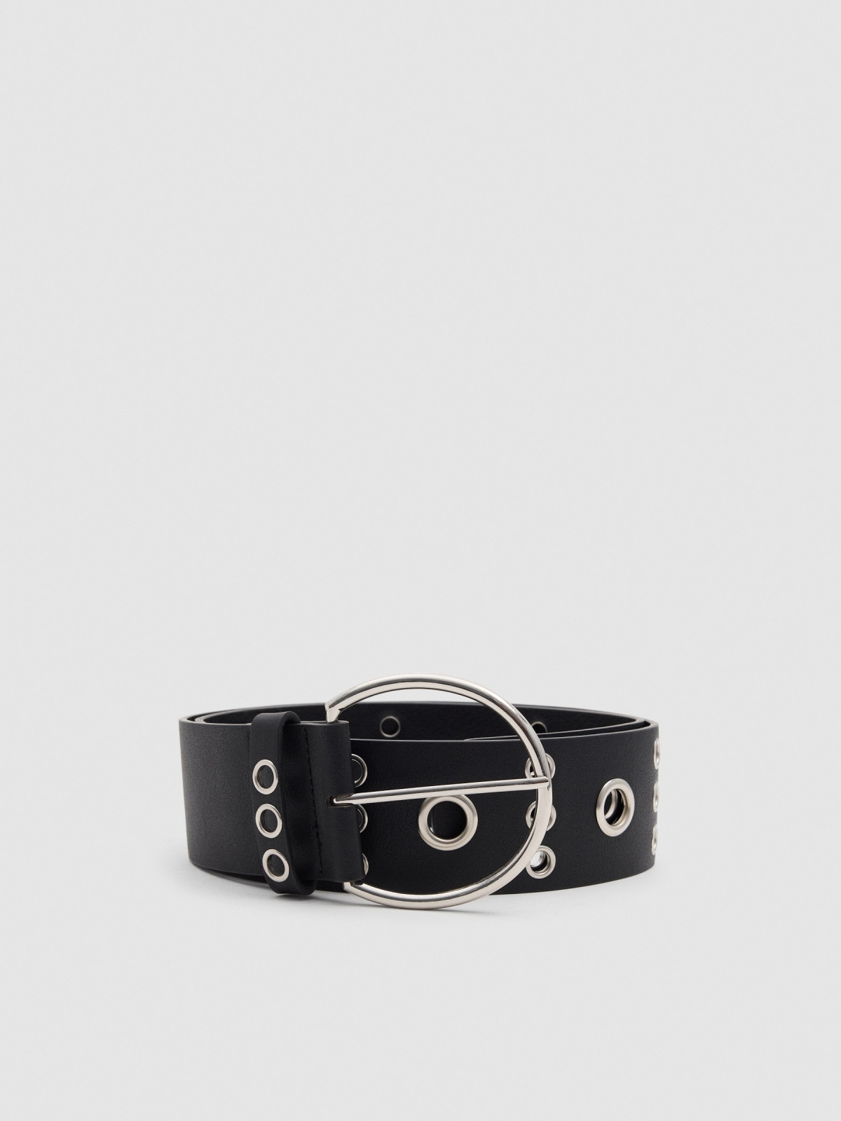 Black leatherette belt with round buckle eyelets.