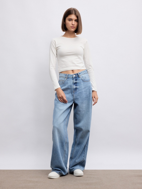 Jeans wide leg tiro alto azul vista general frontal