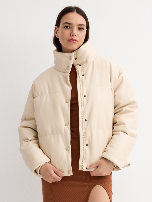 Beige leather effect quilted jacket beige middle front view