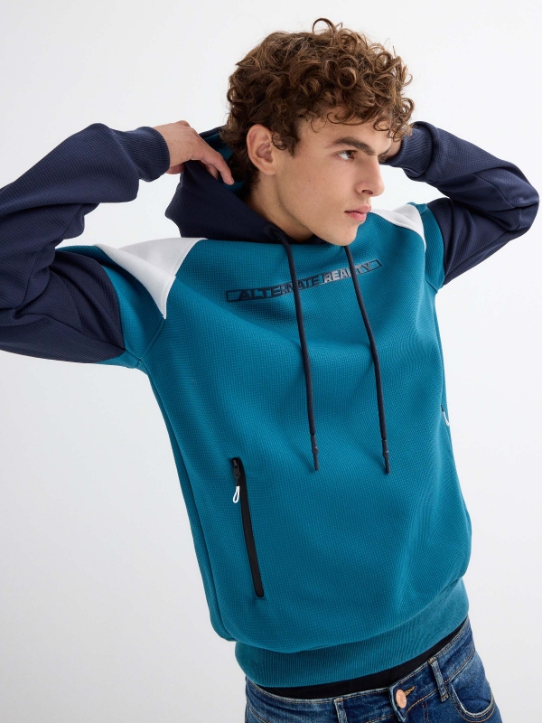 Color block text hoodie blue detail view