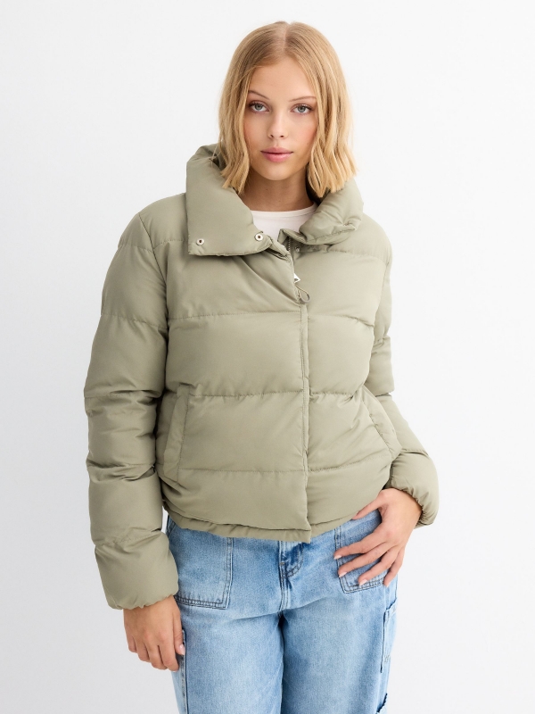 High neck padded jacket khaki detail view