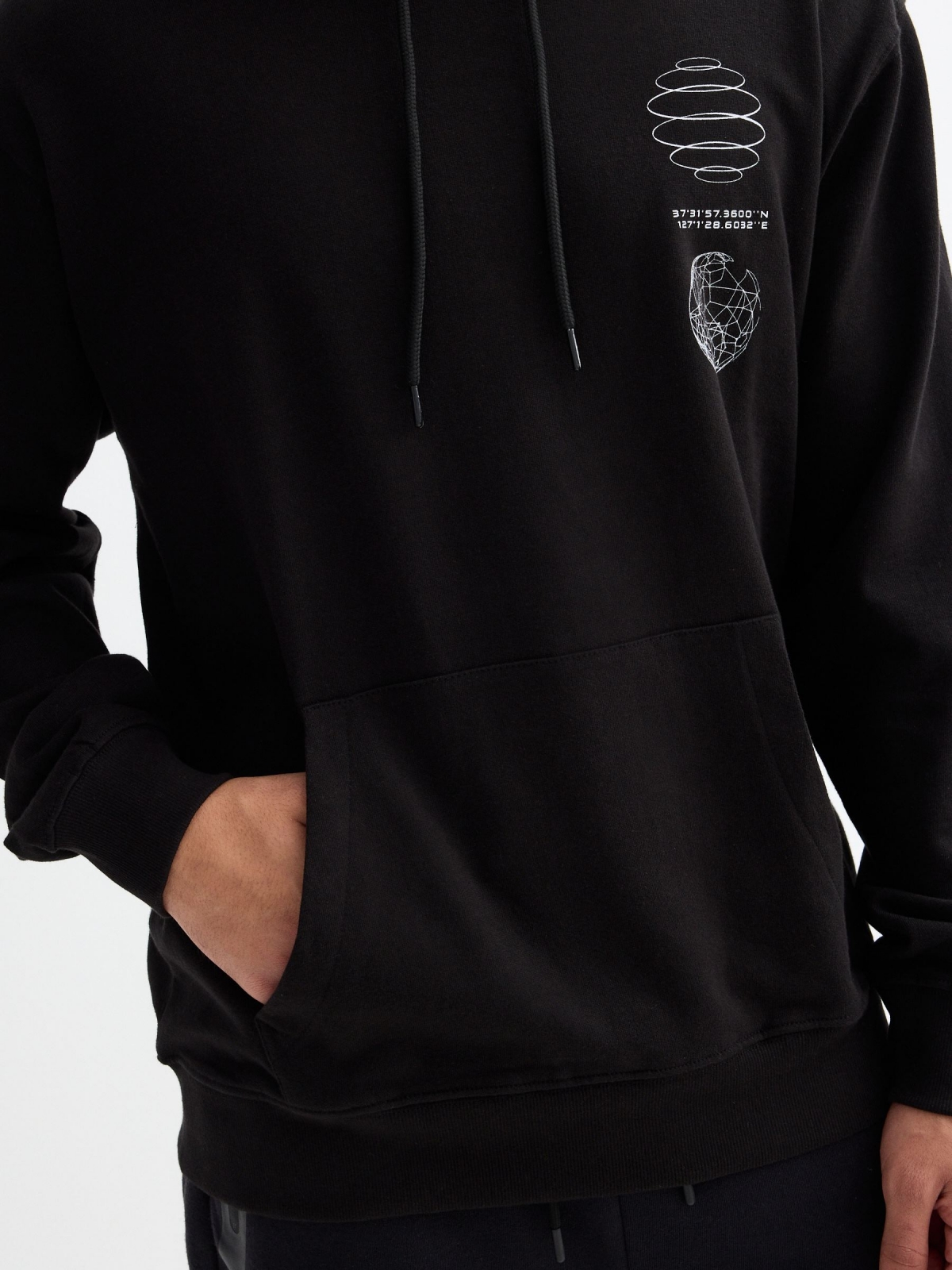 Black hoodie with pocket black detail view