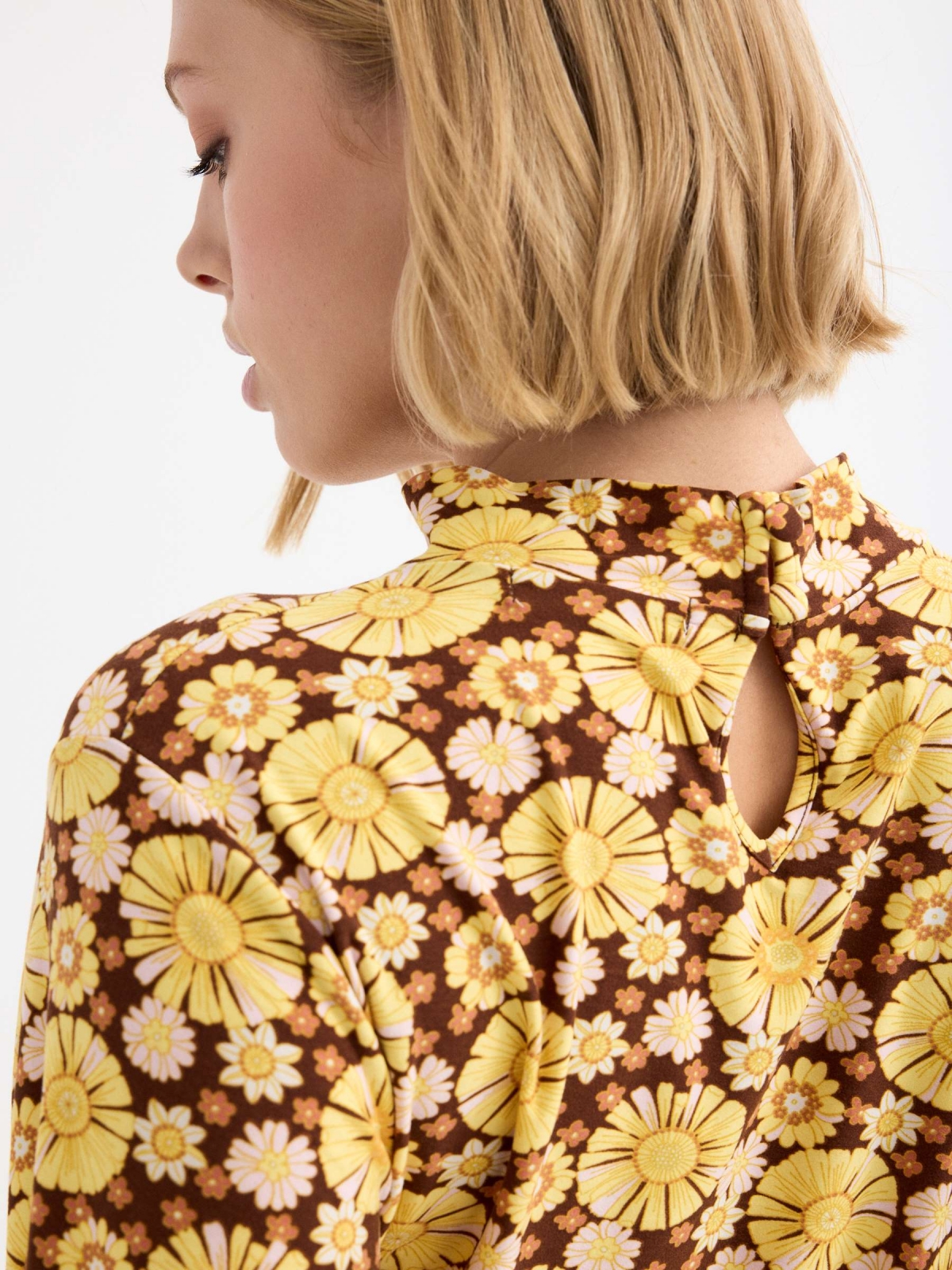 Flare sleeve floral dress brown front detail view