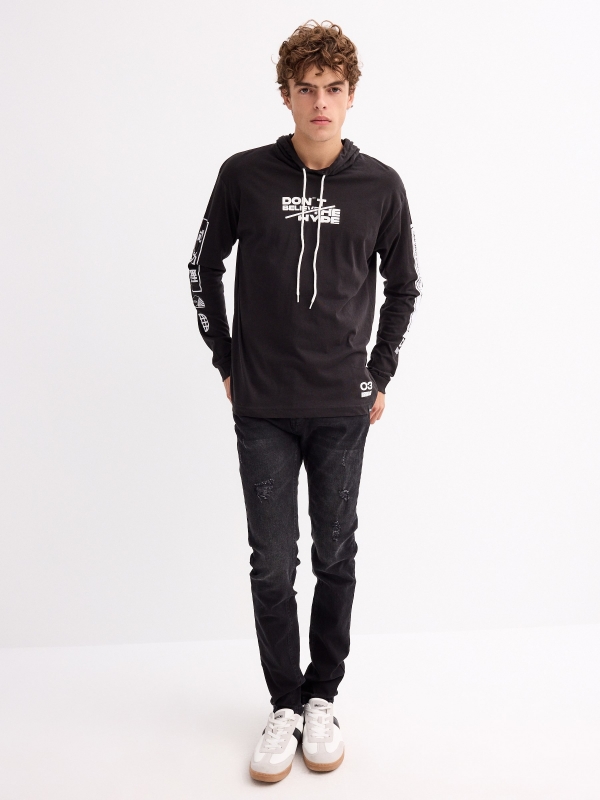 Printed hooded t-shirt black front view