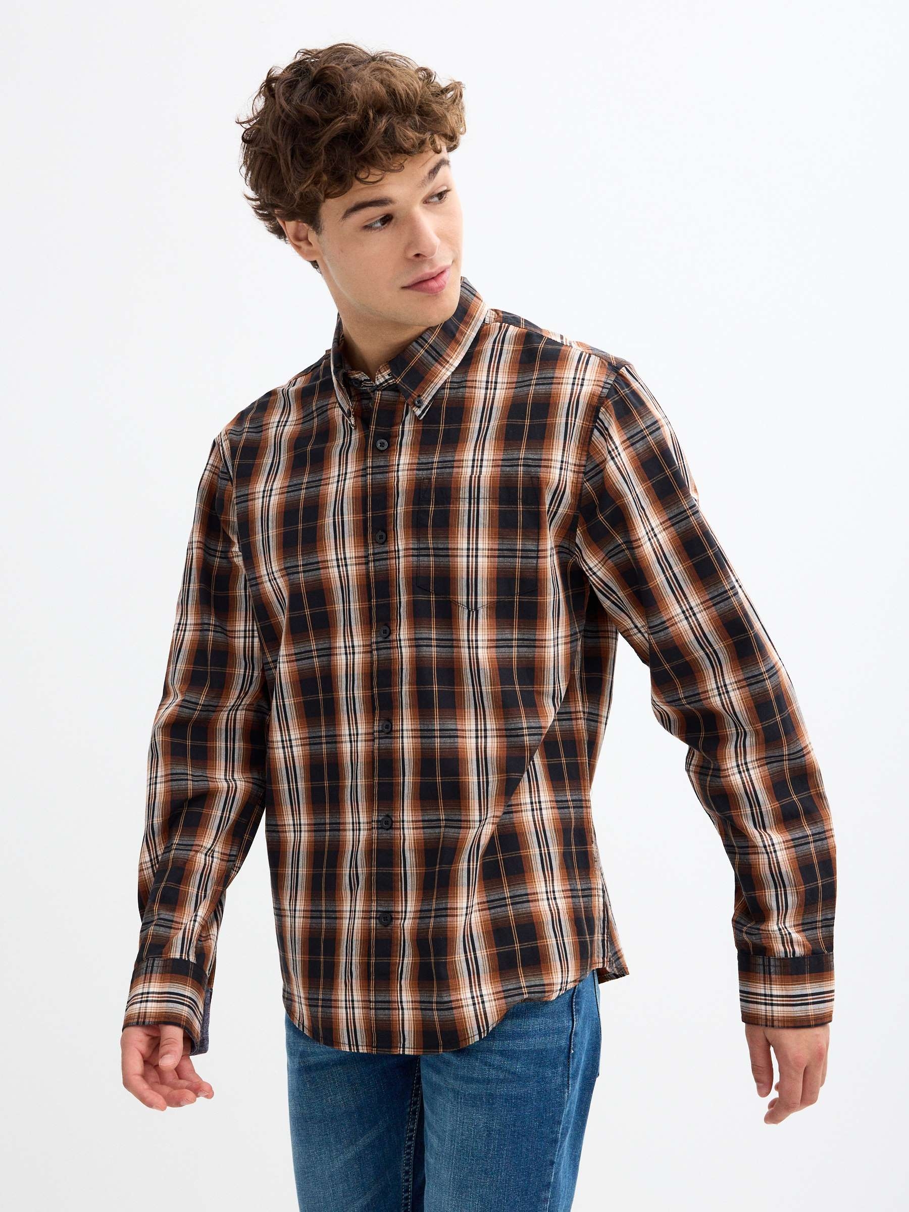 Plaid shirt brown middle front view