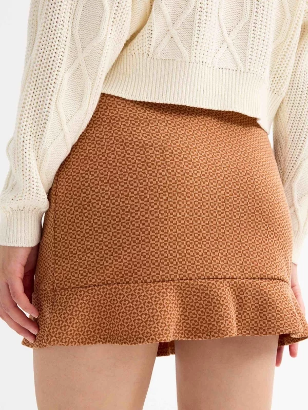 Ruffled jacquard skirt brown back detail view