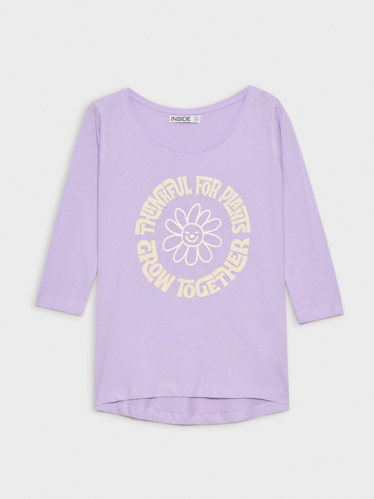  T-shirt manga 3/4 com estampa de flor lilás