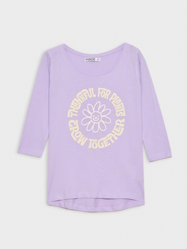  T-shirt manga 3/4 com estampa de flor lilás
